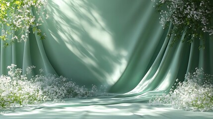 Wall Mural - Green Fabric with White Flowers and Light Shadow - Illustration