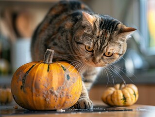 Sticker - A curious cat looks at a pumpkin. AI.