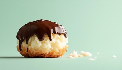 Wall Mural - Chocolate-Covered Coconut Macaroon with Drizzle on Green Background