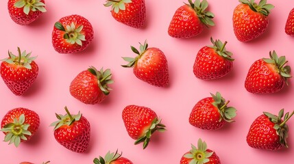 Wall Mural - Fresh strawberries arranged on a pink background, highlighting their vibrant color and natural sheen in a modern, playful setting