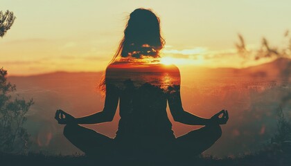 Wall Mural - Young woman in lotus pose meditating surrounded by a stunning double exposure of a sunset landscape