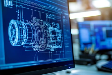 Wall Mural - close up of engineer s computer screen with intricate blueprints and advanced 3d design software