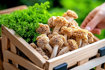 Mushroom Farm Morel, Outdoor, and Eco-friendly visualized in a natural outdoor setting where Morel mushrooms are harvested carefully, ensuring the surrounding ecosystem remains healthy