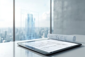 Wall Mural - digital tablet displaying skyscraper blueprint in modern room with holographic projection