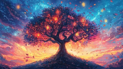 Canvas Print - Magical Tree with Glowing Lanterns at Sunset