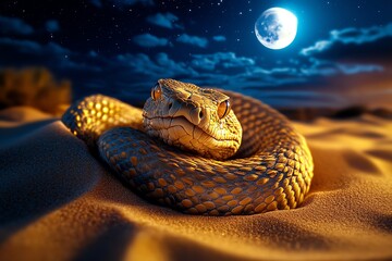 Wall Mural - Snake Serpent, Moonlight, and Desert visualized in a moonlit desert where a serpent glides silently across the sand, its scales glowing under the ethereal light of the full moon
