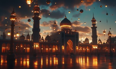 Glowing mosque at night with lanterns and illuminated sky