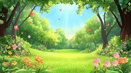 Wall Mural - Sunlit Spring Forest Meadow Landscape With Colorful Flowers and Butterflies.