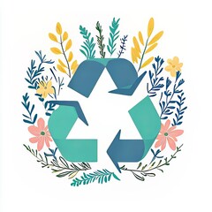 Colorful floral design with a recycling symbol at the center.