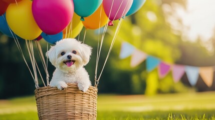 Wall Mural - Cheerful Dog in Basket with Colorful Balloons in Festive Field