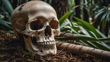 human skull in a jungle