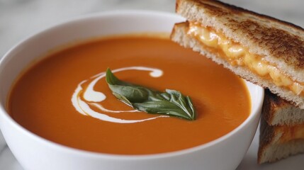 A bowl of creamy tomato soup with a swirl of cream, fresh basil leaves, and a slice of grilled cheese sandwich on the side.