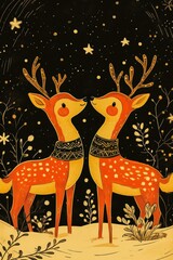 Wall Mural - Whimsical Christmas deer illustration with starry night sky, vibrant orange tones, dark background, folk art style, festive holiday decor