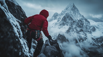 Extreme adventure, hiking and travelling lifestyle concept. A man in a red jacket is climbing a dangerous mountain covered in snow. Cloudy sky and extreme cold environment. 