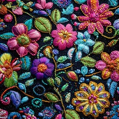 Wall Mural - 49. **Singaporean Peranakan beaded embroidery pattern with vibrant colors.**