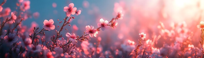 Canvas Print - Pink Flowers in Field at Sunset - Beautiful Nature Background