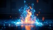 © Paul - Futuristic kitchen fire with holographic fire extinguishers activating, flames rendered in neon blue and orange, cyberpunk style, high-tech appliances, digital art, vibrant and dynamic