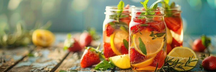 Wall Mural - Homemade Strawberry Mojito or Lemonade Presented in a Mason Jar with Citrus and Mint, a Chilled Refreshing Beverage Infused with Fresh Fruits.