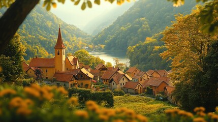 Canvas Print - Picturesque Village Nestled in a Valley