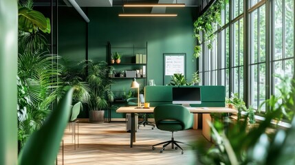 A modern office space with green accent walls, green office chairs, and lush indoor plants, creating a refreshing work environment.