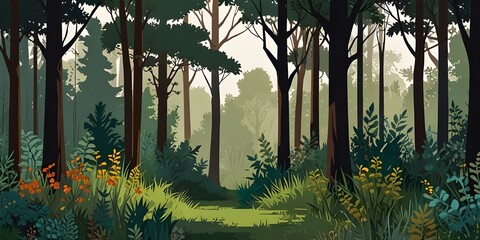 An abstract modern illustration showing summer plants in a forest with grass, trees and bushes. On a white background there is an isolated object. Trees, grass and bushes in a forest.