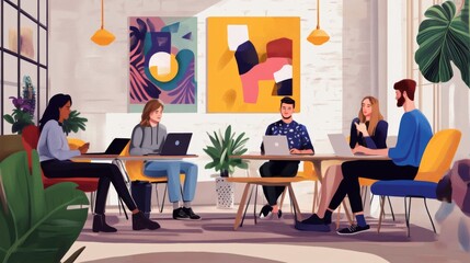 Fototapete - A team of young professionals collaborating in a modern co-working space, with laptops and coffee, surrounded by colorful art and creative decor, reflecting a new way of thinking.