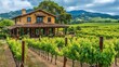 © Puttipong - A picturesque vineyard with a rustic tasting room, lush grapevines, and rolling hills in the background.