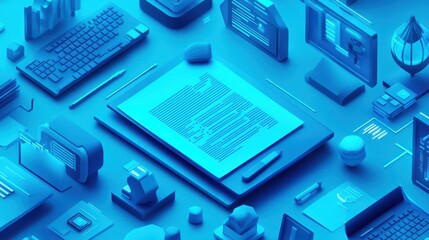 Blue 3D Isometric Illustration of Office Workspace