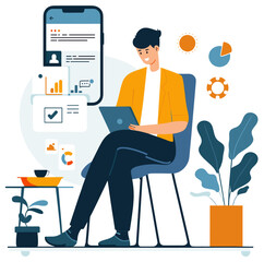 Mobile application developer working in new project at home. Flat design illustration