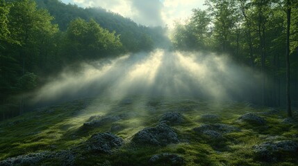 Poster - Sunlight Through Mist in Forest