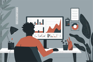 Professional programmer working on a computer with charts and data analytic