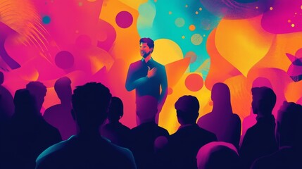 Poster - A vibrant image of a thought leader speaking at a conference, with a dynamic background of abstract shapes and colors, capturing the energy of innovative ideas.