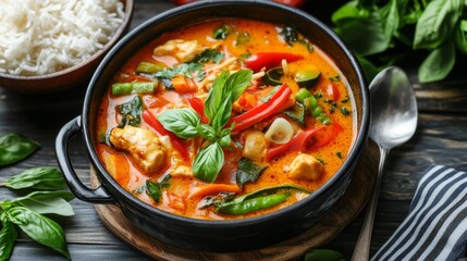 Canvas Print - A vibrant pot of Thai curry with colorful vegetables and chicken, garnished with fresh herbs and served with a side of rice, highlighting the rich and spicy flavors.