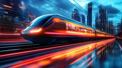Poster - A vibrant scene of an electric train in motion at dusk, with the city lights reflecting off its sleek exterior and creating a dynamic and energetic urban travel experience.