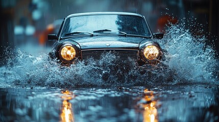 Car Driving Through a Flood in a Rainy Day