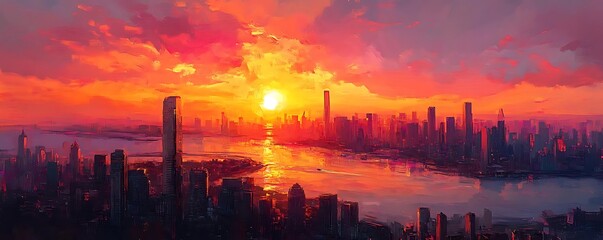 Wall Mural - Sunset Cityscape Illustration