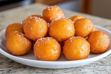 Wall Mural - A Plate of Golden Doughnuts with Sugar Topping