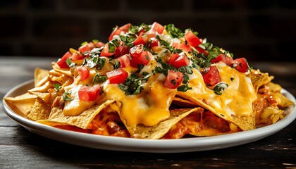 A Plate of Nachos with Melted Cheese, Tomatoes, and Cilantro