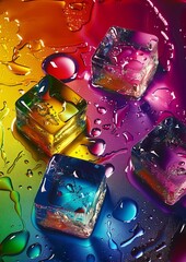 Wall Mural - Colorful ice cubes with water drops on vibrant background