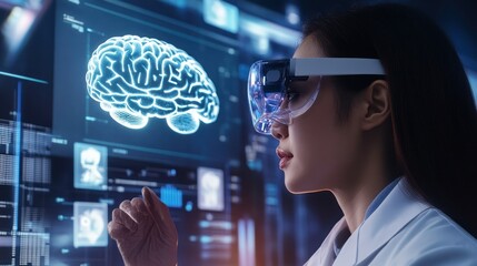 Canvas Print - Woman Wearing VR Glasses Interacting with a Digital Brain