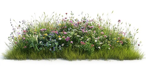 Wall Mural - a bush made with grass and wildflowers isolated on white background 