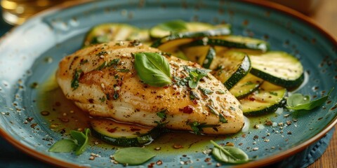 Poster - Steamed Chicken Breast with Zucchini and Herbal Sauce on Blue Plate Nutritious Menu Option