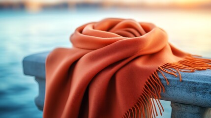 Cozy orange blanket draped over stone railing by the sea