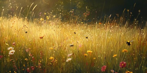 Wall Mural - bumblebees, in a meadow, wildflower fields create a symphony of buzzing among the tall grasses