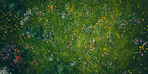 Poster - Aerial view of a vibrant grassy field dotted with colorful wildflowers 