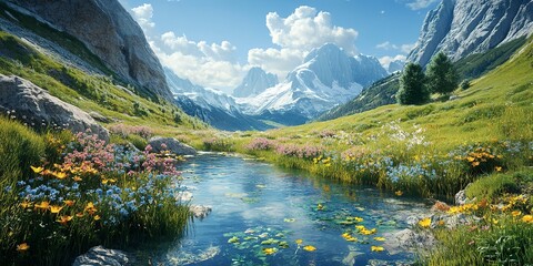 Sticker - A serene alpine meadow with wildflowers in bloom, a crystal-clear stream, and towering peaks in the background 