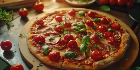 Poster - Plant based pizza with dairy free cheese and vegan pepperoni pre cooking Vegan recipe for a healthy meal