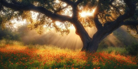 Poster - Sun rays peeking through the branches of an ancient tree in a meadow of orange wildflowers 