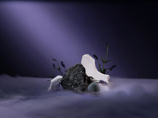 Stone podium with smoke in colored neon light in the dark