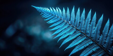 Wall Mural - Minimalist blue tropical fern leaf on dark nature background color toned